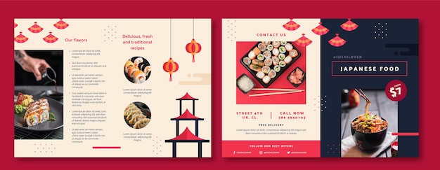 Flat japanese restaurant brochure template with traditional food