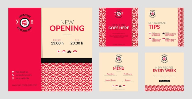 Free Vector flat japanese restaurant instagram posts collection with traditional food