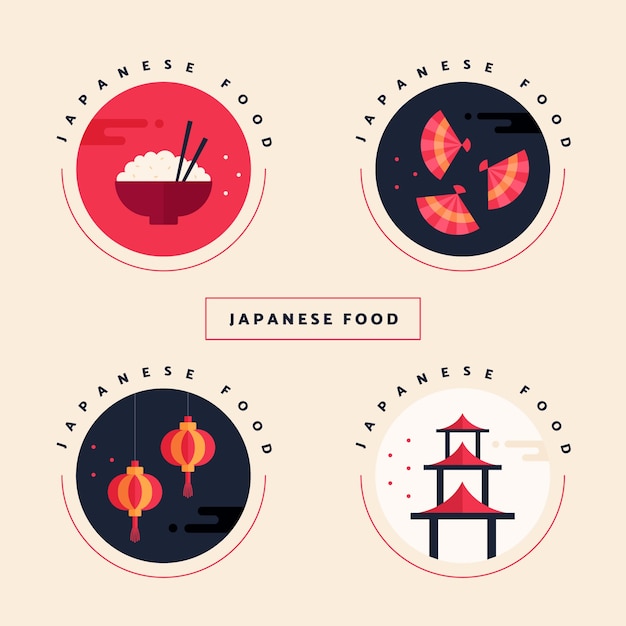 Flat japanese restaurant labels collection with traditional food