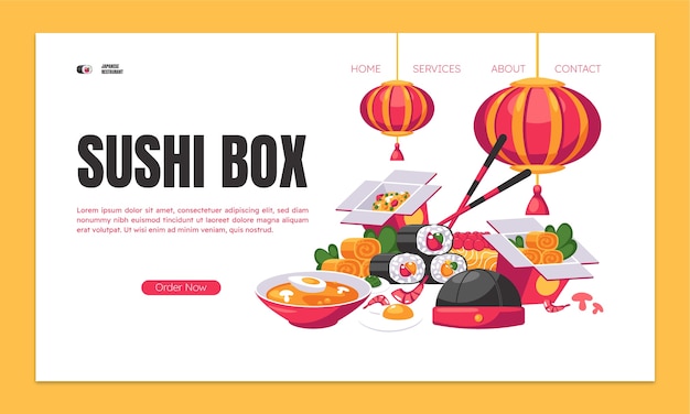 Flat japanese restaurant landing page template with traditional food