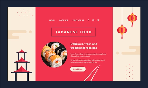 Flat japanese restaurant landing page template with traditional food