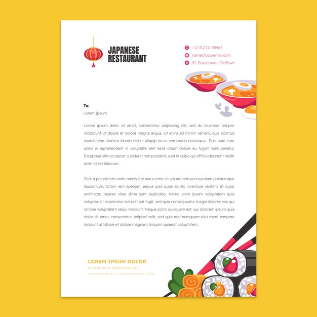 Flat japanese restaurant letterhead template with traditional food