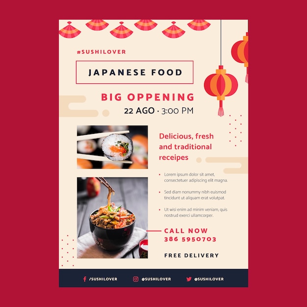 Flat japanese restaurant poster template with traditional food