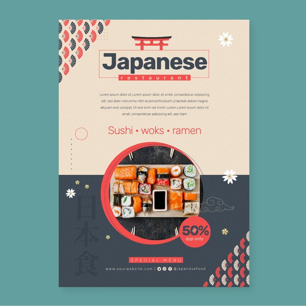 Flat japanese restaurant vertical poster template