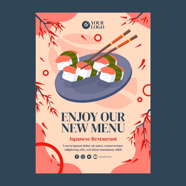 Flat japanese restaurant vertical poster template