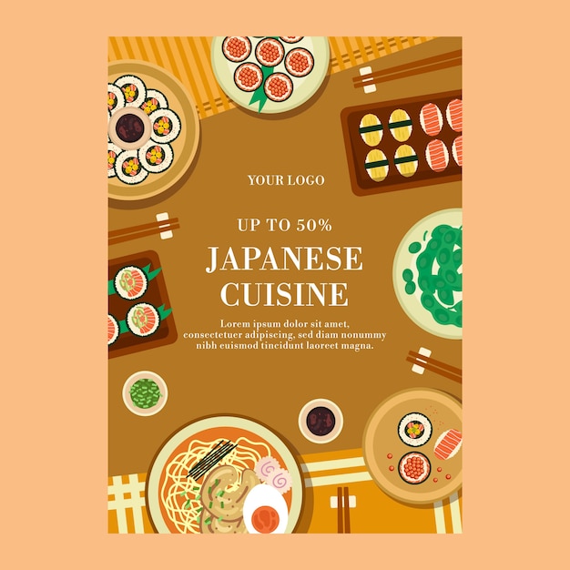 Flat japanese restaurant vertical poster template