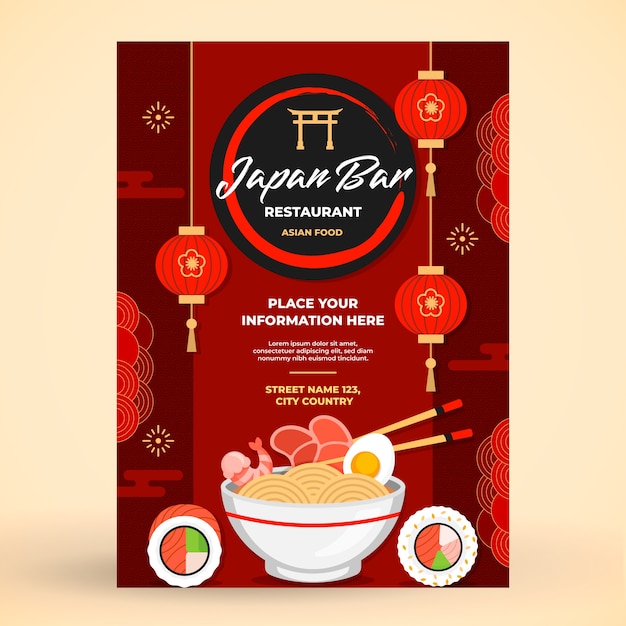 Flat japanese restaurant vertical poster template