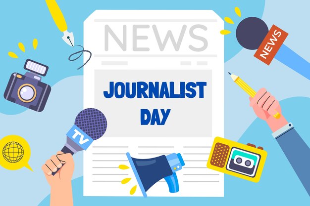 Flat journalist day background with hands holding journalism items