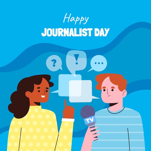 Flat journalist day illustration with journalists at work