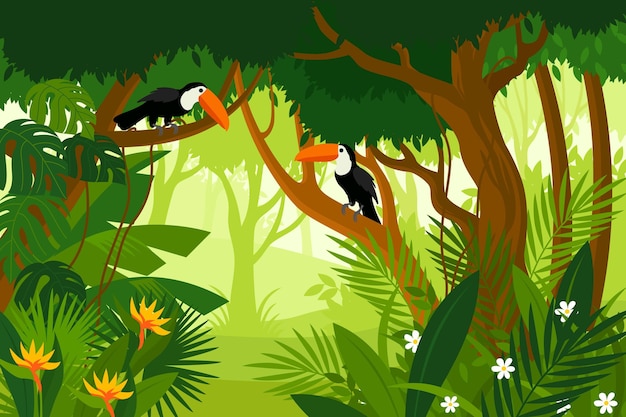 Free Vector flat jungle background with beautiful pecan birds