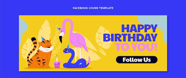 Flat jungle birthday party social media cover template