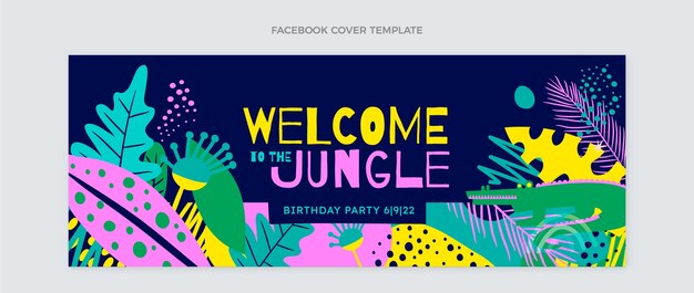 Flat jungle birthday party social media cover template