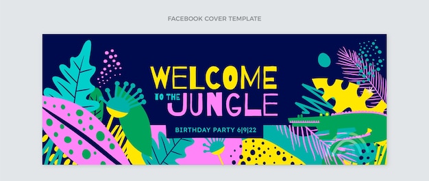 Flat jungle birthday party social media cover template