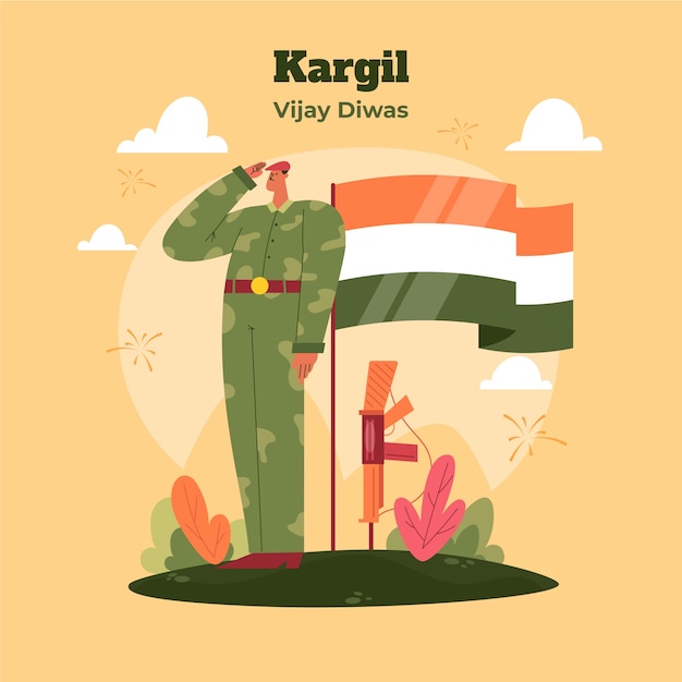 Flat kargil vijay diwas illustration with soldier saluting