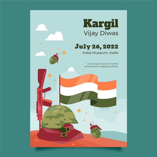 Free vector flat kargil vijay diwas poster template with indian flag and gun