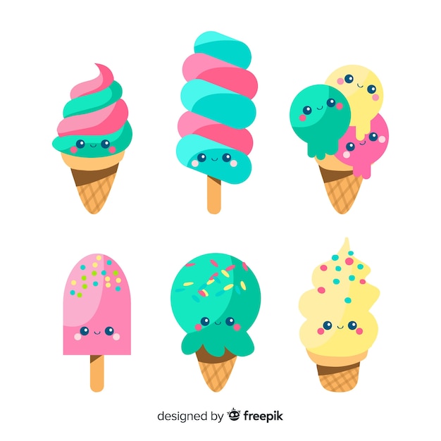 Flat kawaii ice cream collection