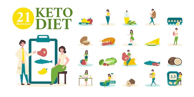 Free Vector flat keto composition set with dietitian shows the patient prepared menu products allowed in diet vector illustration