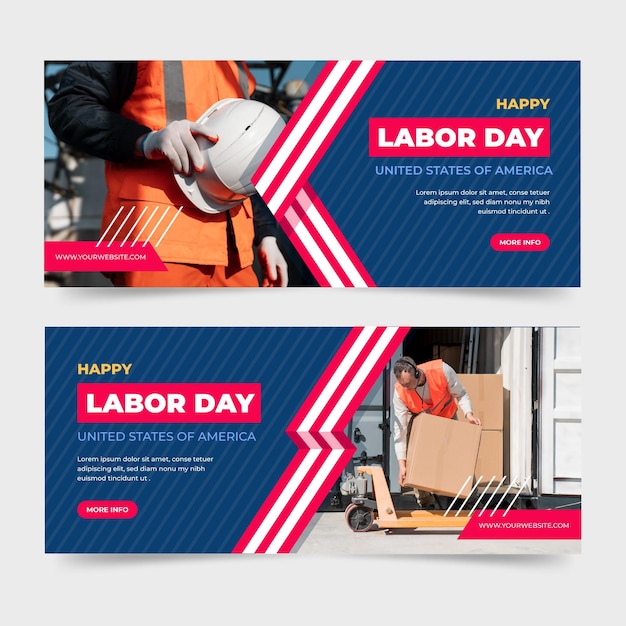 Flat labor day horizontal banners set with photo