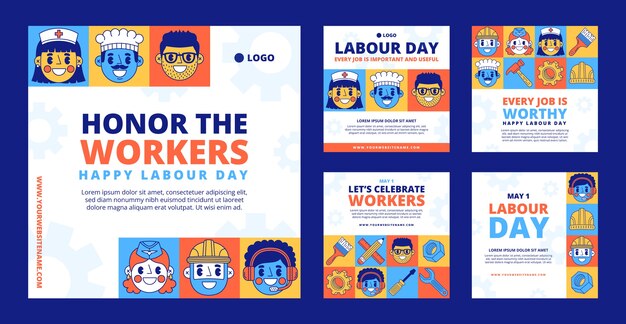 Flat labor day instagram posts collection