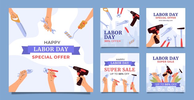 Flat labor day instagram posts collection