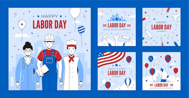 Free Vector flat labor day instagram posts collection