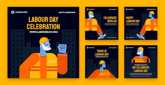 Free Vector flat labor day instagram posts collection