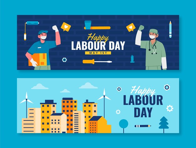 Flat labour day horizontal banners pack