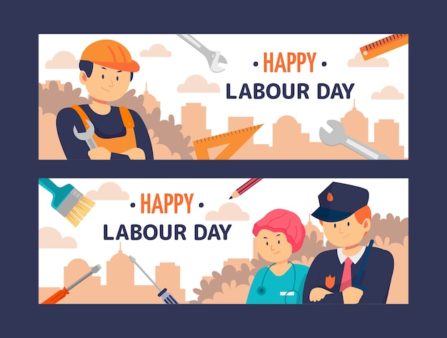 Flat labour day horizontal banners pack