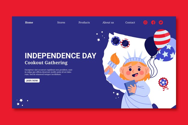 Flat landing page template for american 4th of july holiday celebration