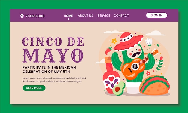 Flat landing page template for cinco de mayo celebration