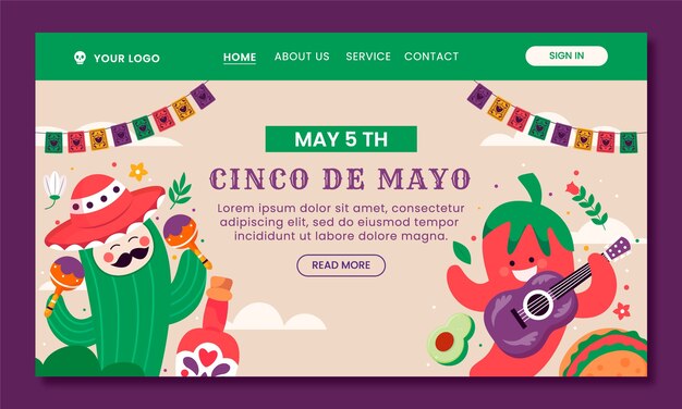 Flat landing page template for cinco de mayo celebration