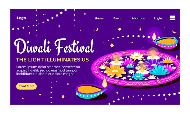 Free Vector flat landing page template for diwali festival celebration