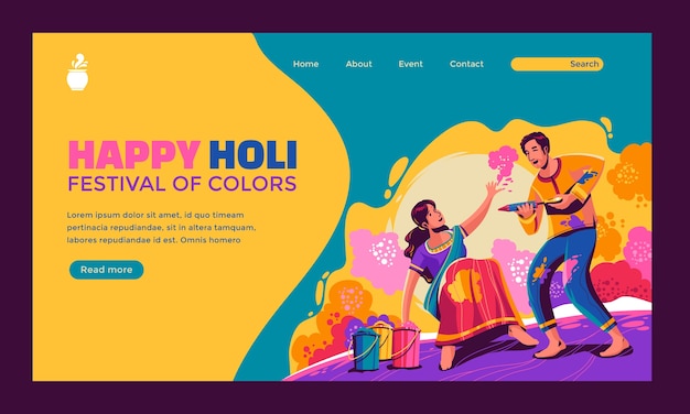 Flat landing page template for holi festival celebration