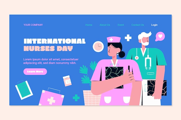 Flat landing page template for international nurses day celebration