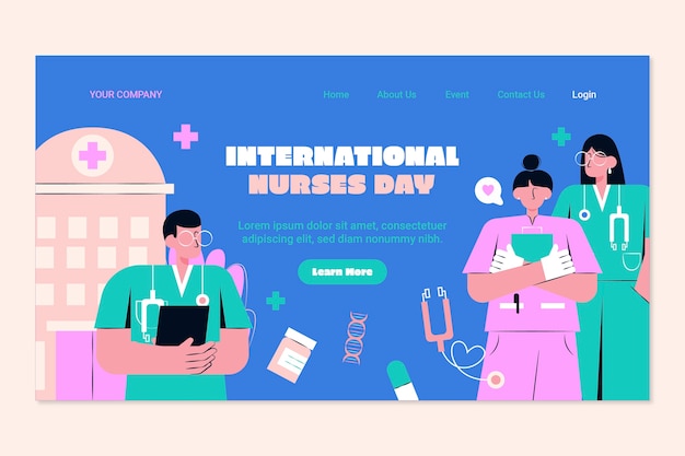 Flat landing page template for international nurses day celebration