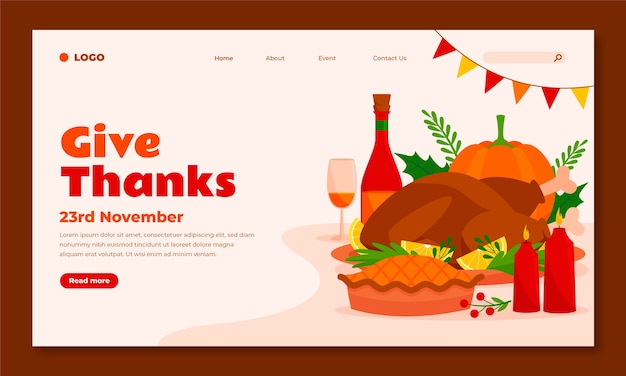 Free Vector flat landing page template for thanksgiving with food