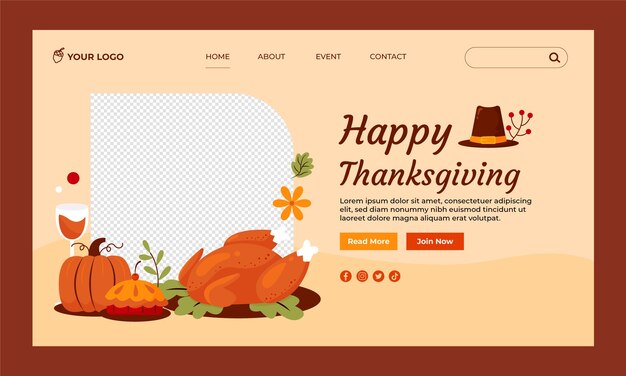 Flat landing page template for thanksgiving with food