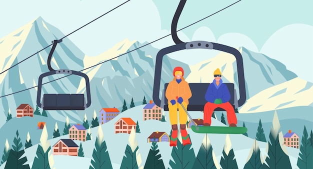 Free Vector flat landscape cableway composition two athletes in equipment and on skis ascend the mountain for the descent vector illustration