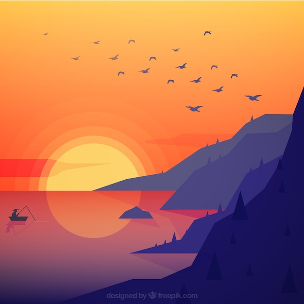 Free Vector flat landscape of mountains by the sea