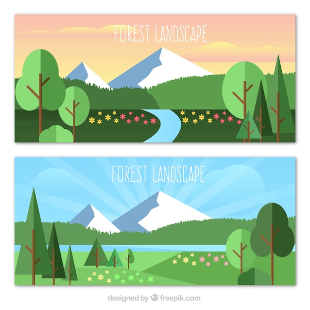 Free Vector flat landscape with trees and flowers banners