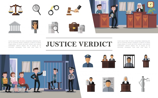 Flat law system composition with defendant lawyer jury judge police officer in courthouse and colorful justice icons