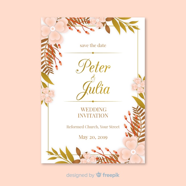 Flat leaves wedding invitation template