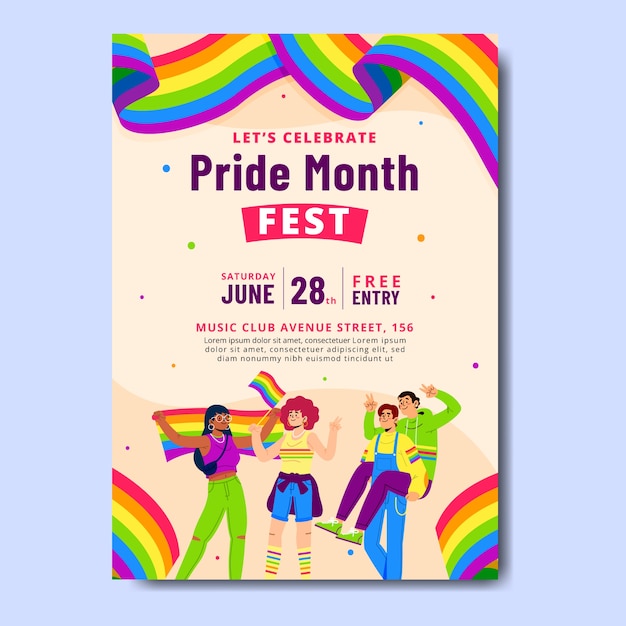 Free vector flat lgbt pride month vertical poster template