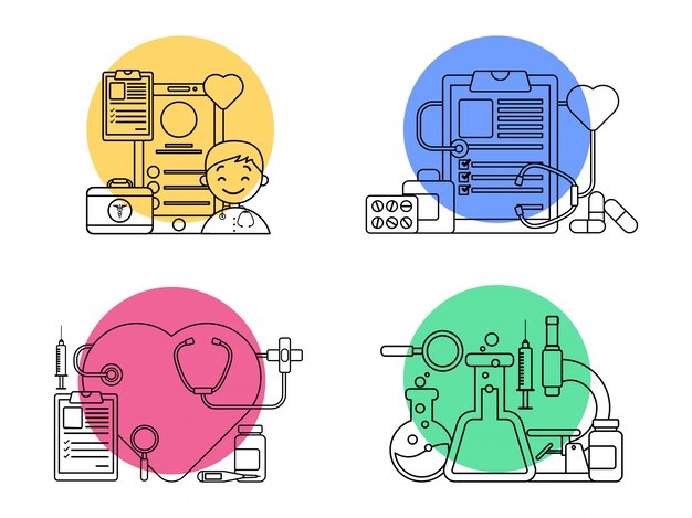  Flat line art illustration of different elements and machines for Health and Medical concept. 