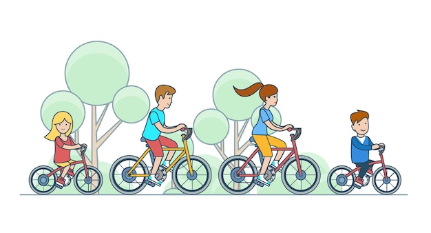 Flat linear Family children riding bicycle at park forest vector characters illustration