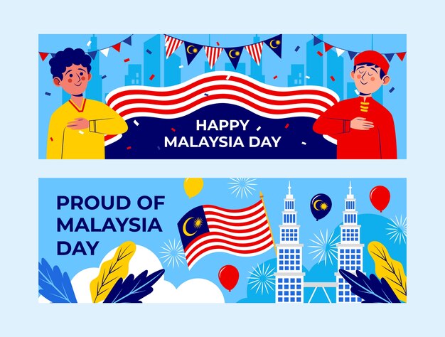 Flat malaysia day celebration horizontal banners set