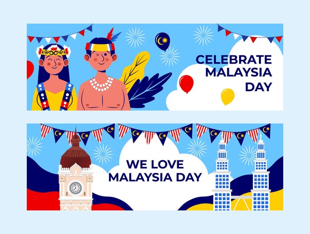 Flat malaysia day celebration horizontal banners set