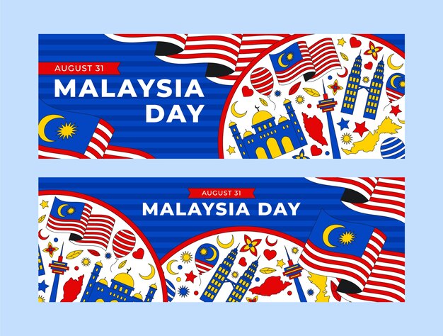 Flat malaysia day horizontal banners set