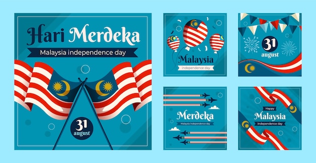 Free Vector flat malaysia independence day instagram posts collection