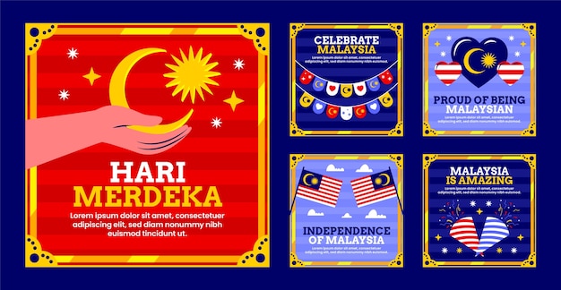 Free Vector flat malaysia independence day instagram posts collection